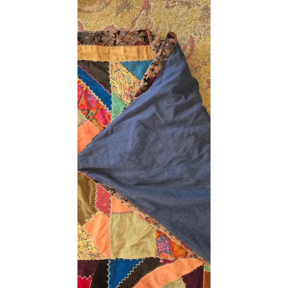Vintage 1970s Handmade Velvet Crazy Quilt and Matching Pillow Set, Boho Eclectic